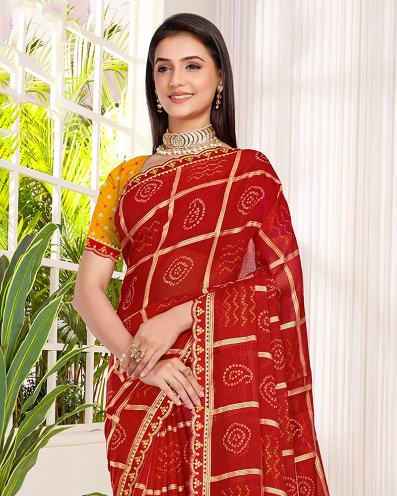 Vishal Prints Crimson Red Printed Chiffon Traditional Print Saree With Foil Print And Cut Work Embroidery Border