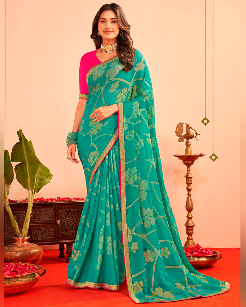 Vishal Prints Light Sea Green Printed Chiffon-Brasso Saree With Zari Border
