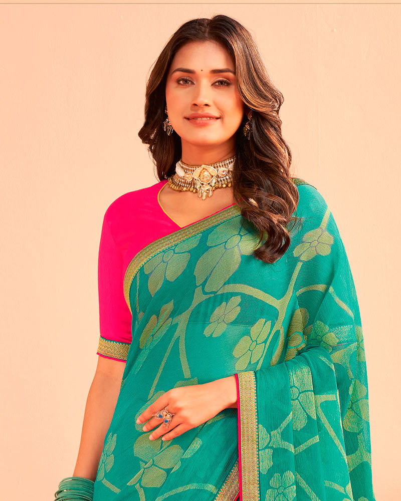 Vishal Prints Light Sea Green Printed Chiffon-Brasso Saree With Zari Border