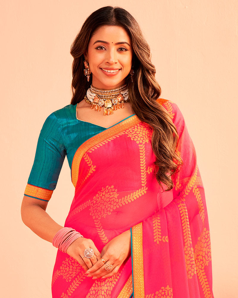 Vishal Prints Amaranth Pink Printed Chiffon-Brasso Saree With Zari Border