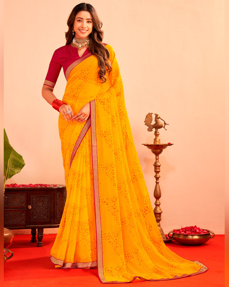 Vishal Prints Dark Yellowish Orange Printed Chiffon-Brasso Saree With Zari Border
