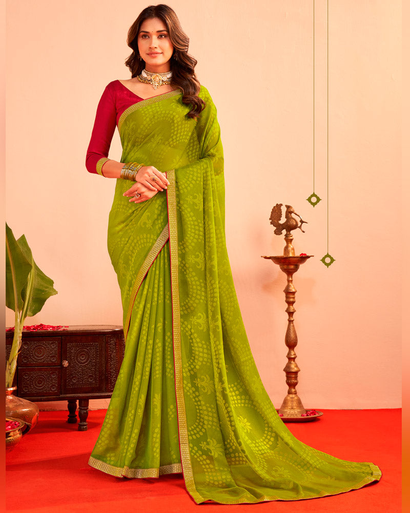 Vishal Prints Olive Yellow Printed Chiffon-Brasso Saree With Zari Border