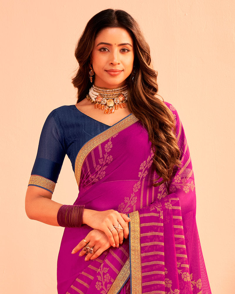 Vishal Prints Dark Fuchsia Printed Chiffon-Brasso Saree With Zari Border