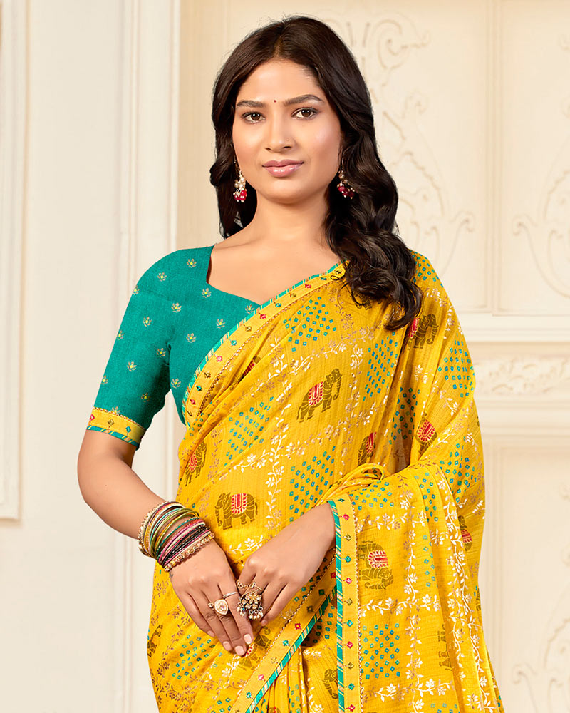 Vishal Prints Golden Yellow Printed Chiffon Bandhani Print Saree With Foil Print And Fancy Border