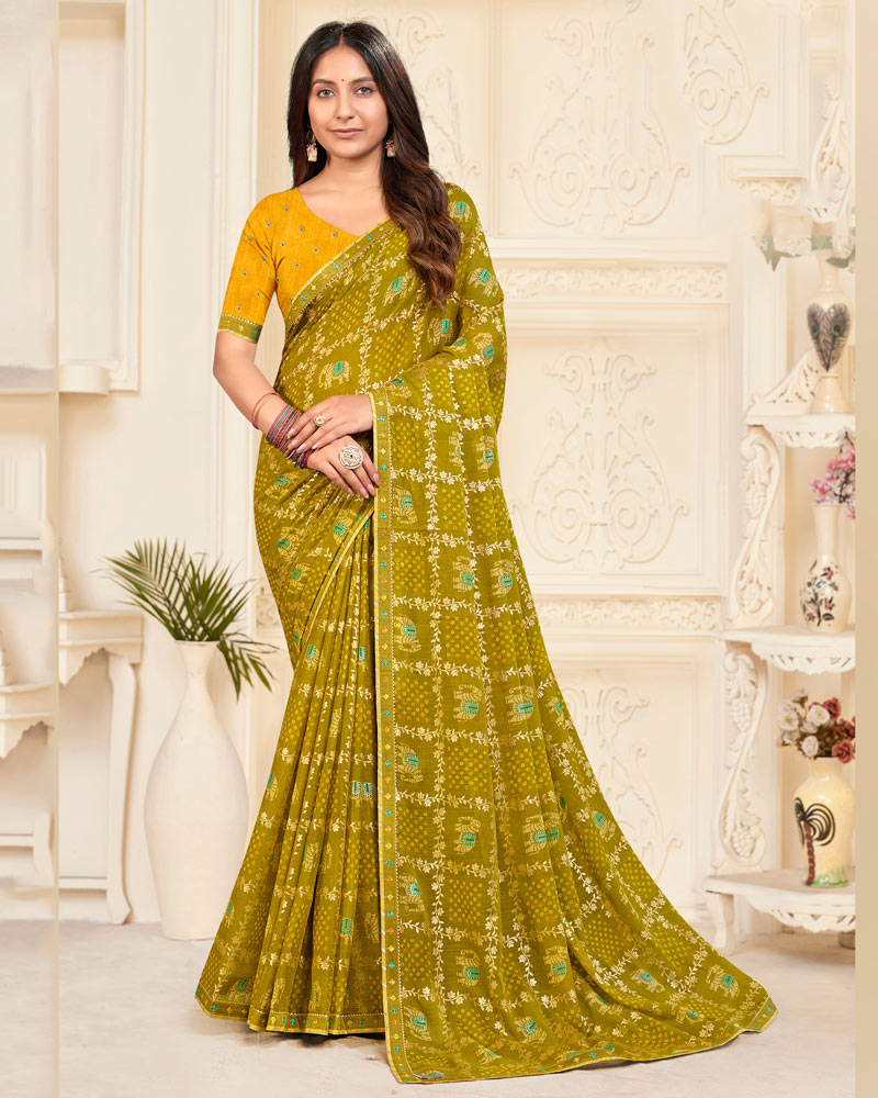 Vishal Prints Olive Yellow Printed Chiffon Bandhani Print Saree With Foil Print And Fancy Border