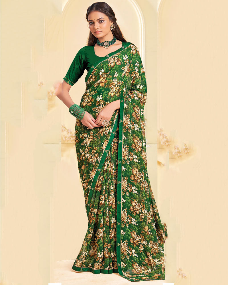 Vishal Prints Dark Green Printed Georgette Saree With Fancy Border