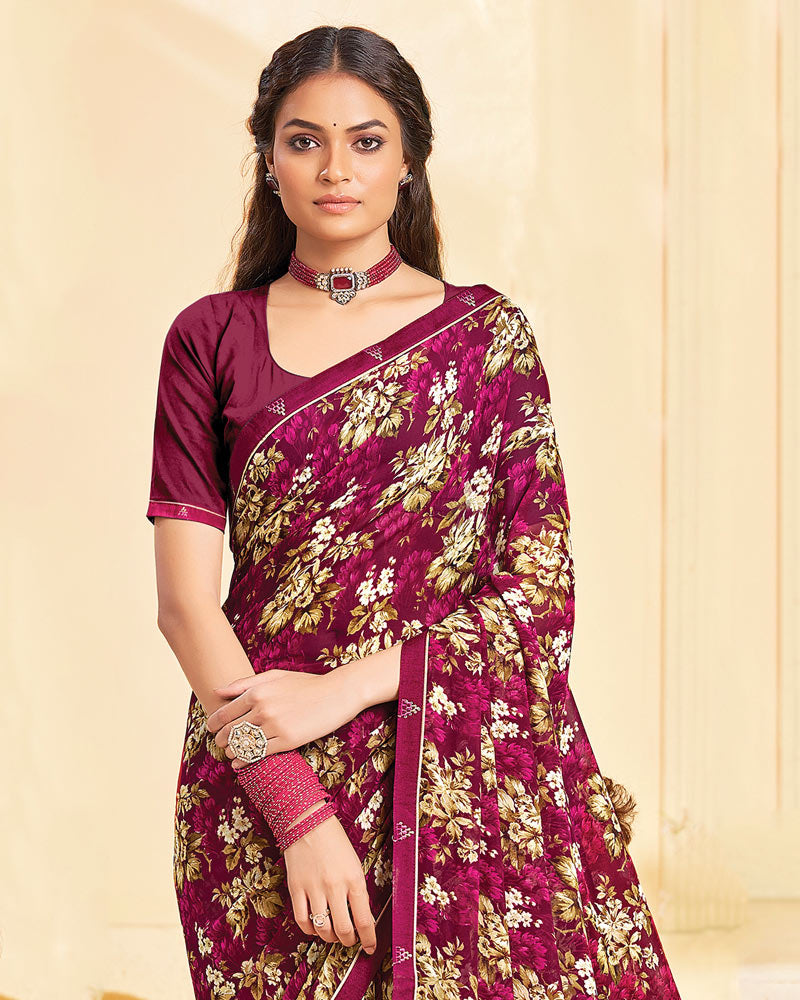 Vishal Prints Purple Red Printed Georgette Saree With Fancy Border