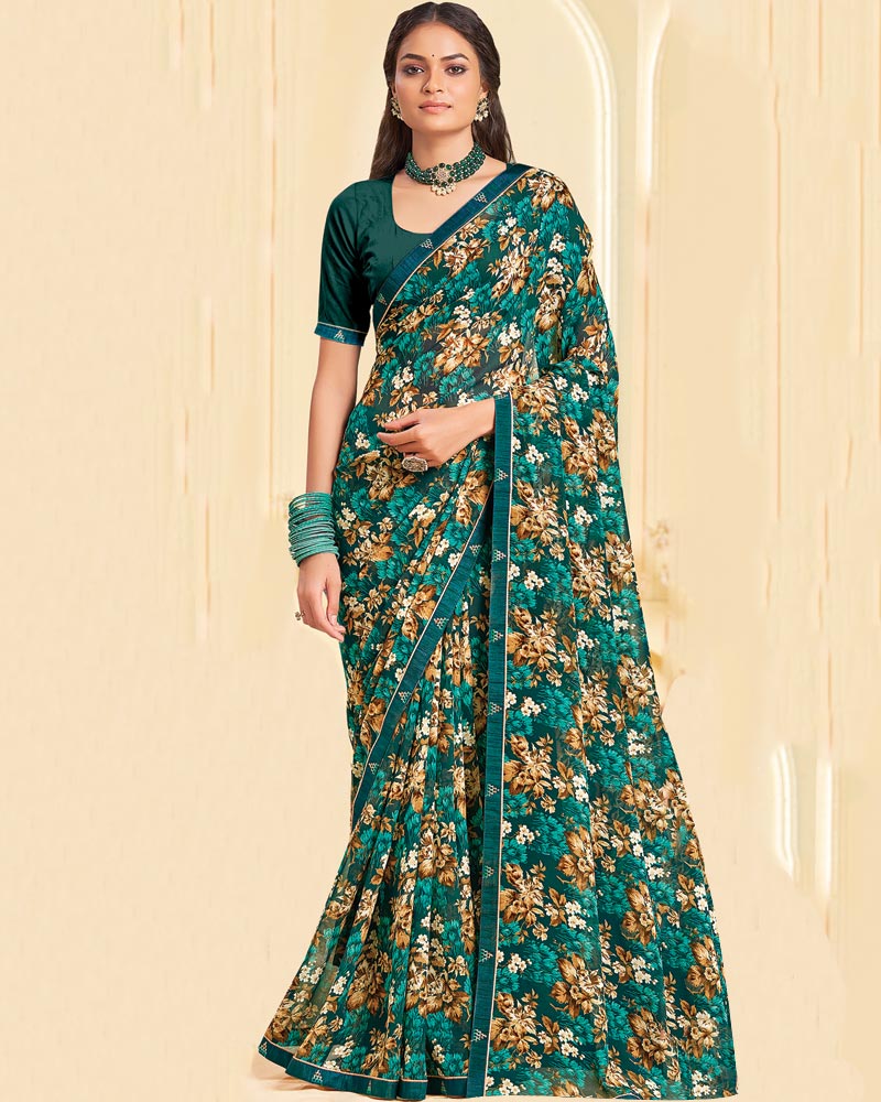 Vishal Prints Bottle Green Printed Georgette Saree With Fancy Border