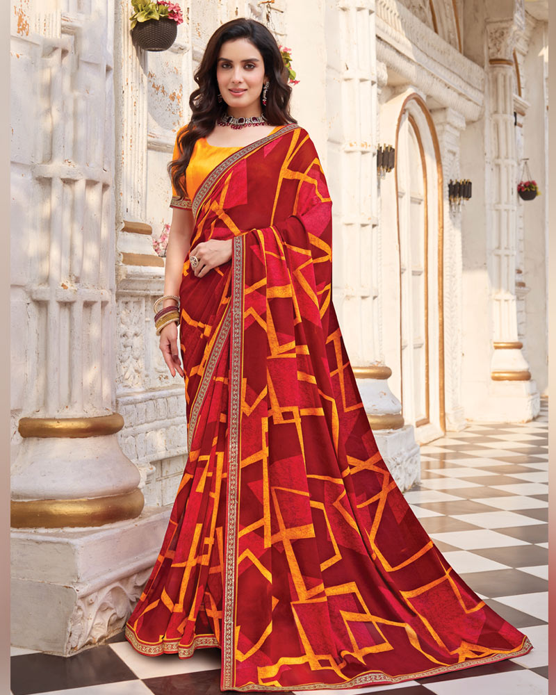 Vishal Prints Milano Red Printed Georgette Saree With Fancy Border