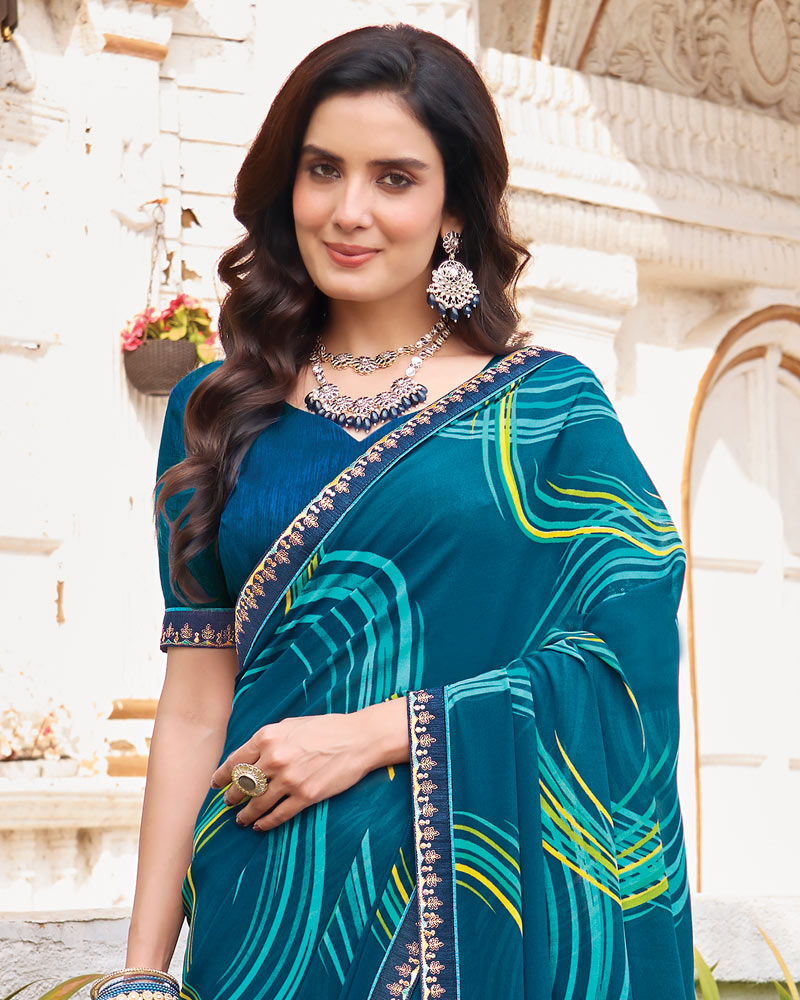Vishal Prints Astronaut Blue Printed Georgette Saree With Fancy Border