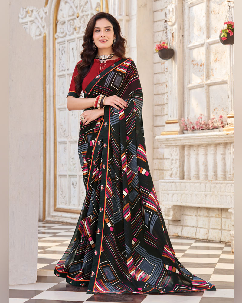 Vishal Prints Jet Black Printed Georgette Saree With Fancy Border