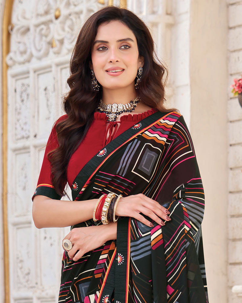 Vishal Prints Jet Black Printed Georgette Saree With Fancy Border