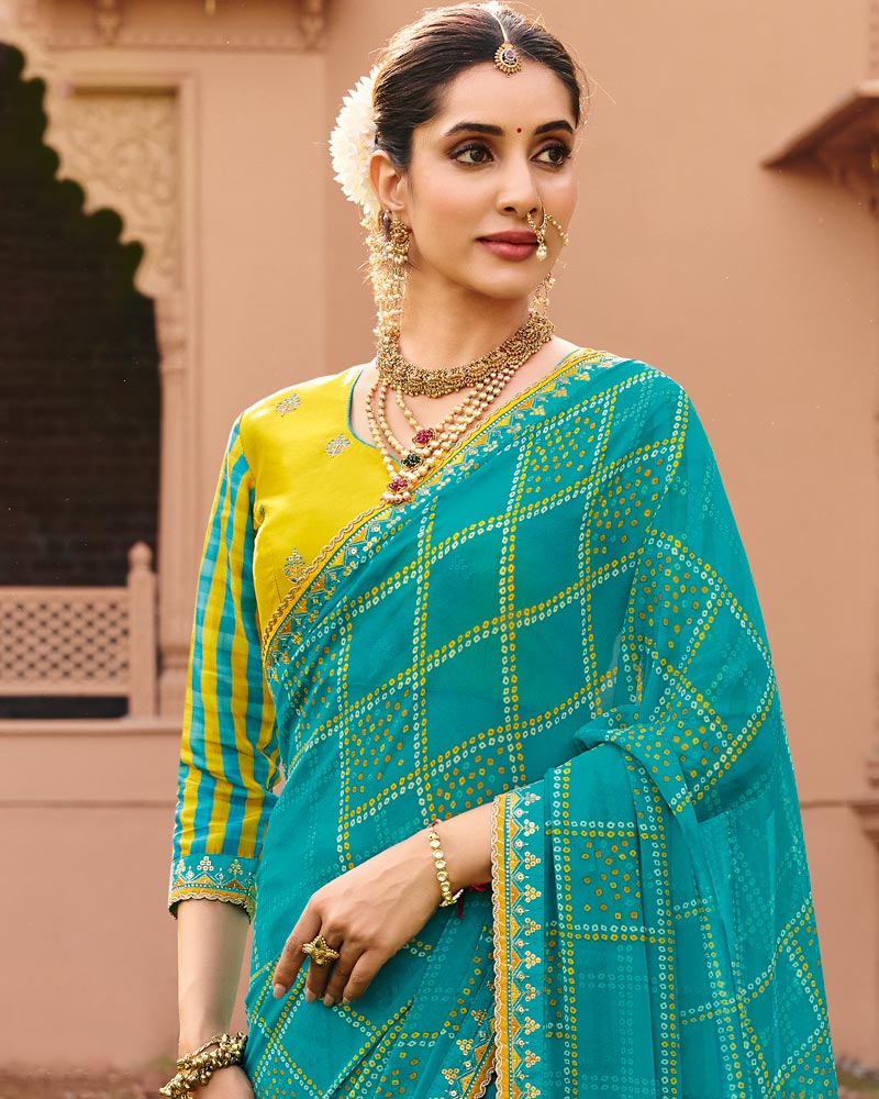 Vishal Prints Neelambari Blue Traditional Print Georgette Saree With Fancy Gota Patti Border