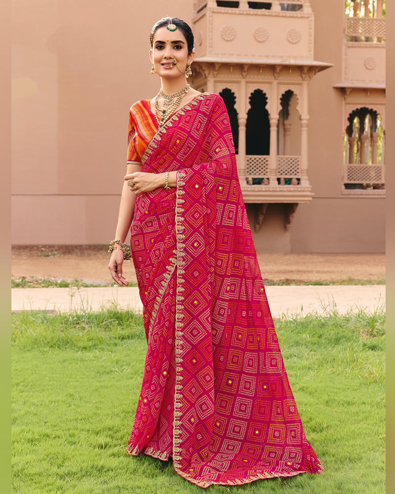 Vishal Prints Gulabi Rani Traditional Print Georgette Saree With Fancy Cut Work Embroidery Border