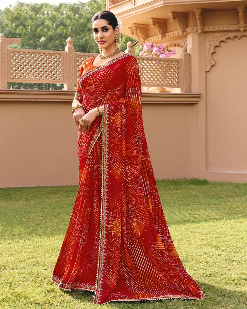Vishal Prints Kumkum Red Traditional Print Georgette Saree With Fancy Gota Patti Border