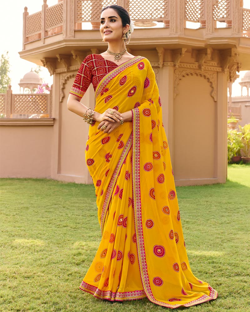 Vishal Prints Haldi Peela Traditional Print Georgette Saree With Fancy Gota Patti Border