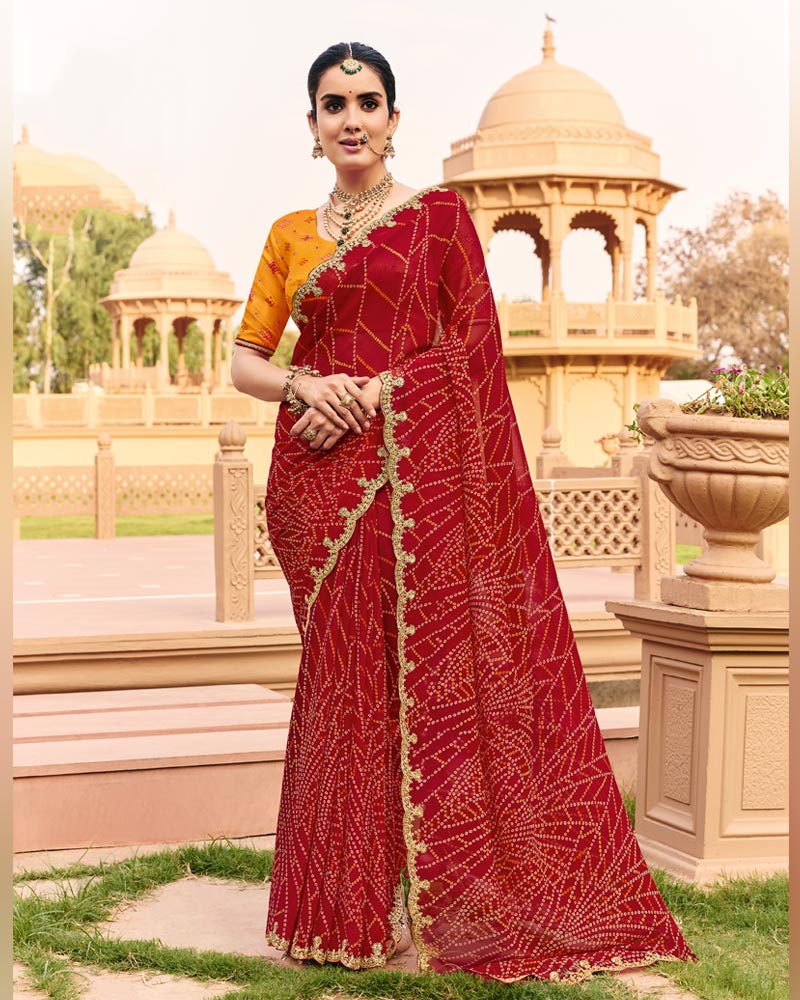 Vishal Prints Sindoori Red Traditional Print Georgette Saree With Fancy Cut Work Embroidery Border