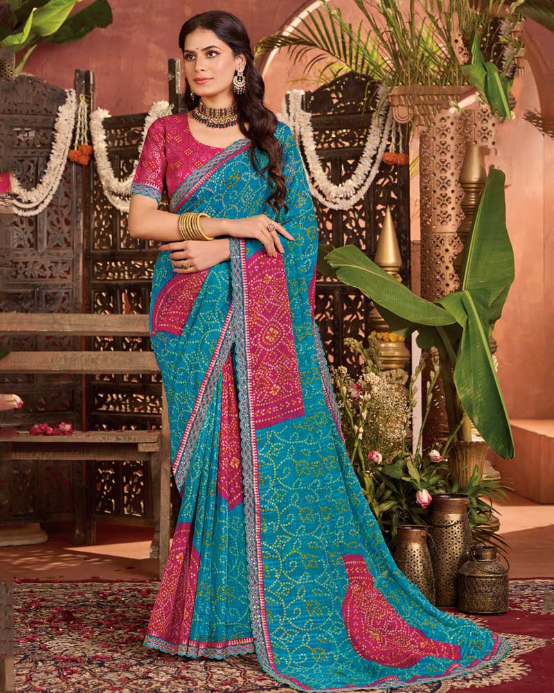 Vishal Prints Pacific Blue Bandhani Print Patterned Fancy Chiffon Saree With Printed Cut Work Border