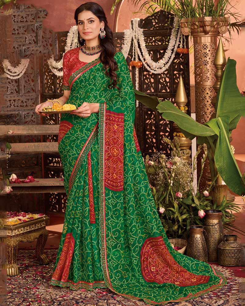 Vishal Prints Dark Green Bandhani Print Patterned Fancy Chiffon Saree With Printed Cut Work Border
