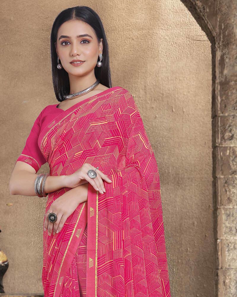 Vishal Prints Amaranth Pink Printed Georgette Saree With Fancy Border
