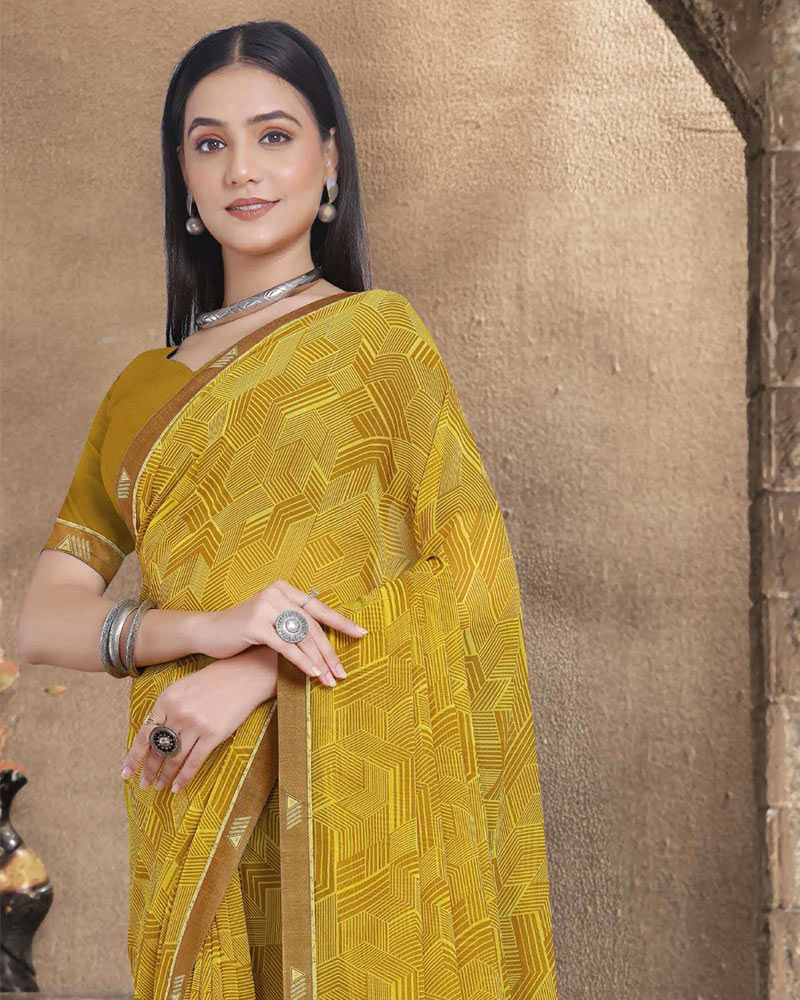 Vishal Prints Olive Yellow Printed Georgette Saree With Fancy Border
