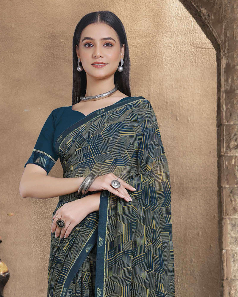 Vishal Prints Dark Ink Blue Printed Georgette Saree With Fancy Border