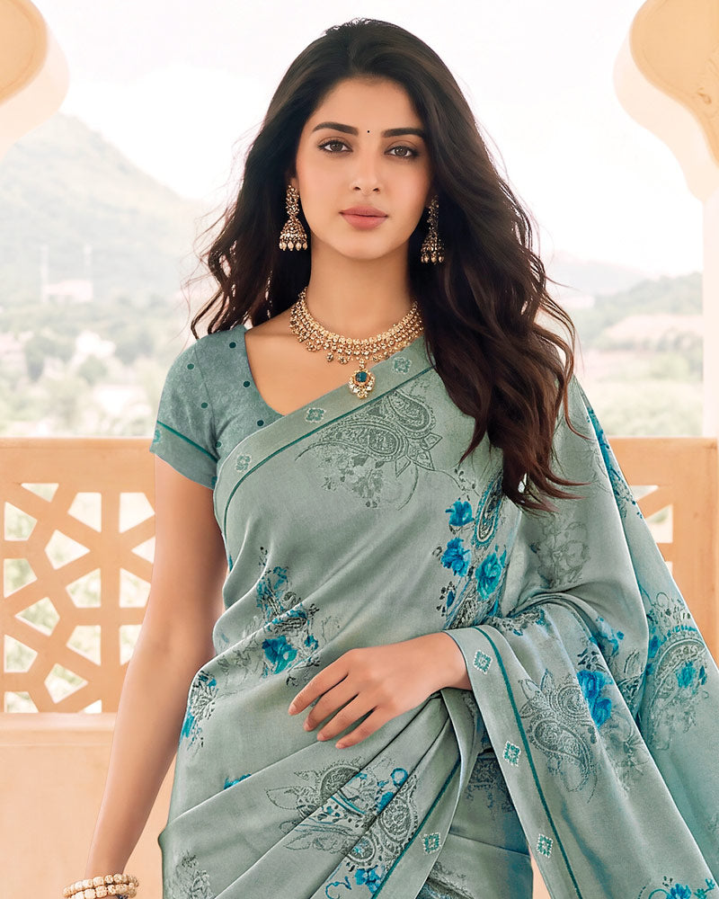 Vishal Prints Santa Grey Digital Print Criva Crepe Saree With Fancy Border