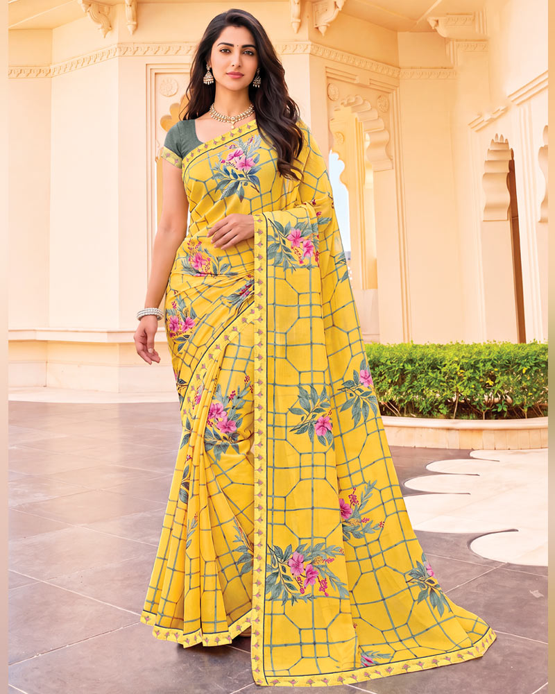 Vishal Prints Sunglow Yellow Digital Print Criva Crepe Saree With Fancy Border