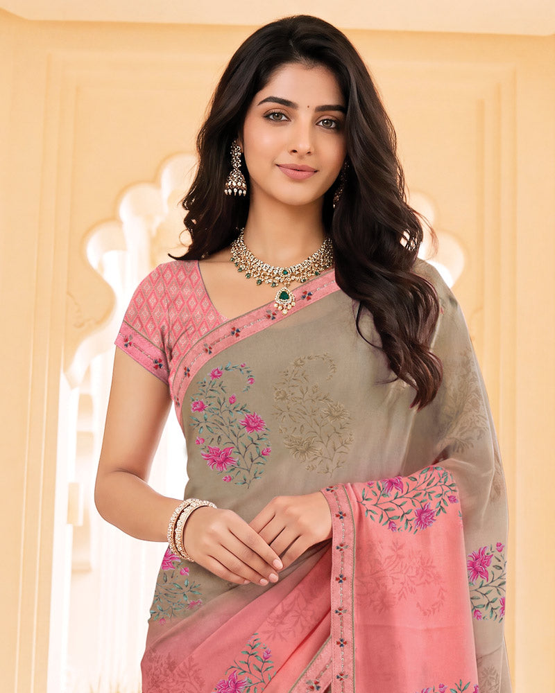 Vishal Prints Diasy Pink And Taupe Digital Print Criva Crepe Saree With Fancy Border