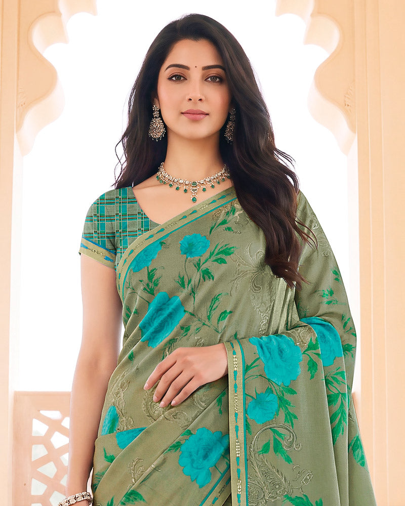 Vishal Prints Granite Green Digital Print Criva Crepe Saree With Fancy Border