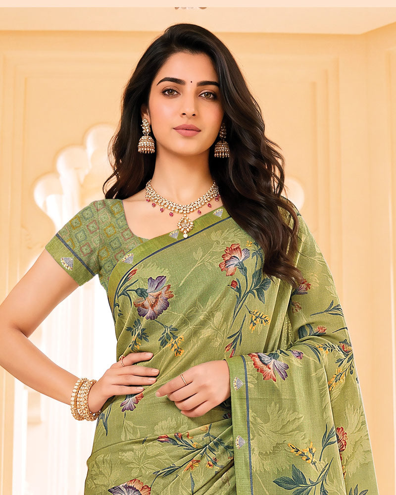 Vishal Prints Pale Khaki Green Digital Print Criva Crepe Saree With Fancy Border