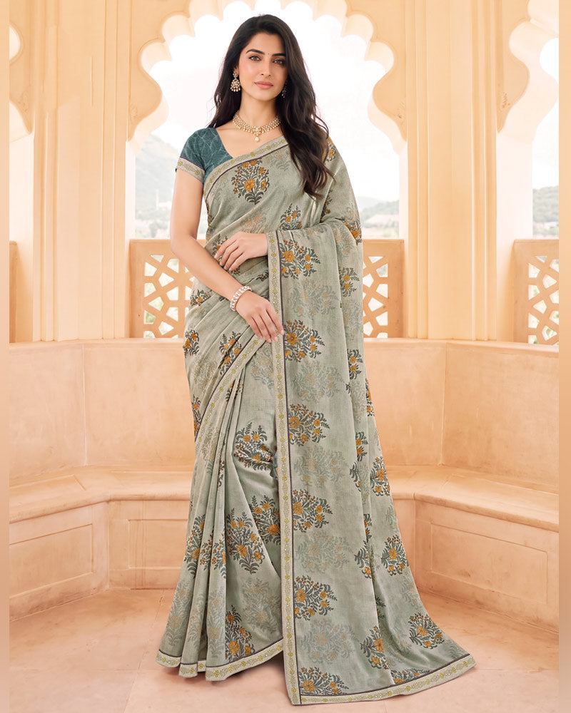 Vishal Prints Silky Grey Digital Print Criva Crepe Saree With Fancy Border