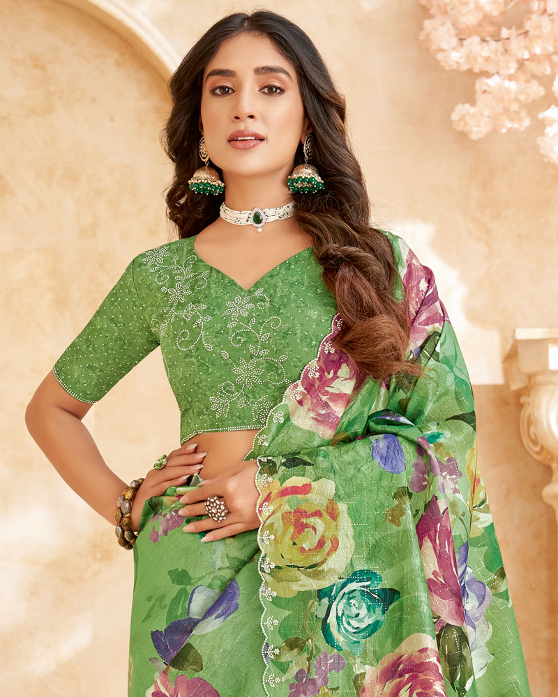 Vishal Prints Pastel Green Designer Crushed Tissue Digital Print Saree With Swarovski Work And Cut Work Border