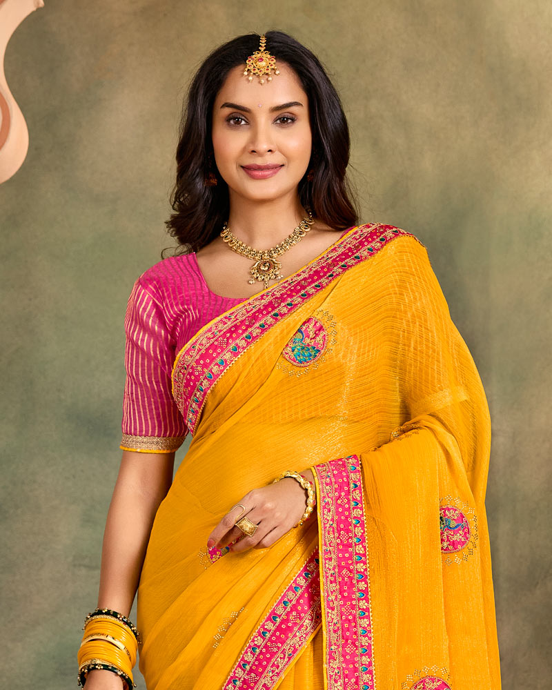 Vishal Prints Dark Yellowish Orange Designer Shimmer-Chiffon Traditional Saree With Patch And Diamond Work With Embroidery Border