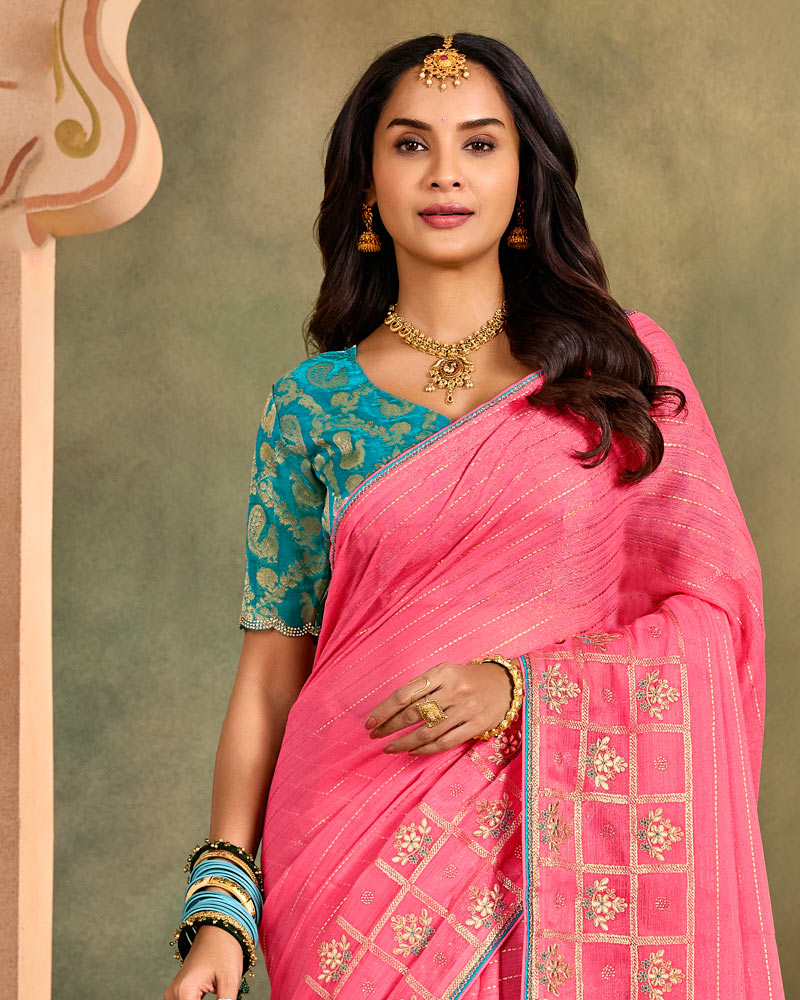 Vishal Prints Rosy Pink Designer Shimmer-Chiffon Traditional Saree With Foil Print, Embroidery-Diamond Work And Fancy Border