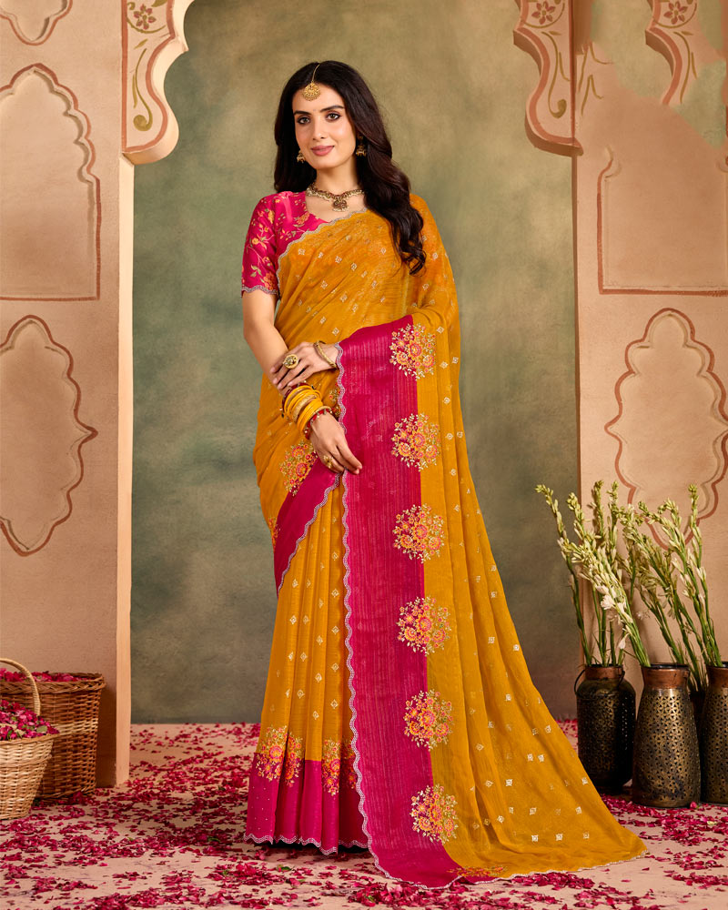 Vishal Prints Dark Dusty Orange Designer Shimmer-Chiffon Traditional Saree With Foil Print, Embroidery-Diamond Work And Cut Work Border