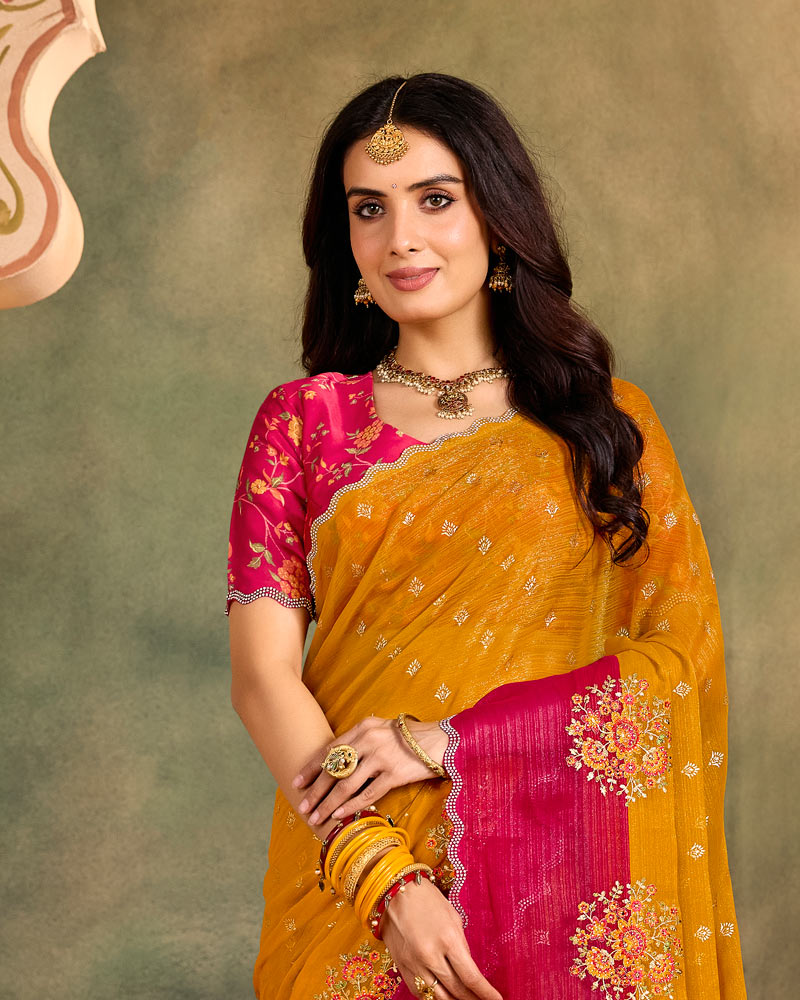 Vishal Prints Dark Dusty Orange Designer Shimmer-Chiffon Traditional Saree With Foil Print, Embroidery-Diamond Work And Cut Work Border