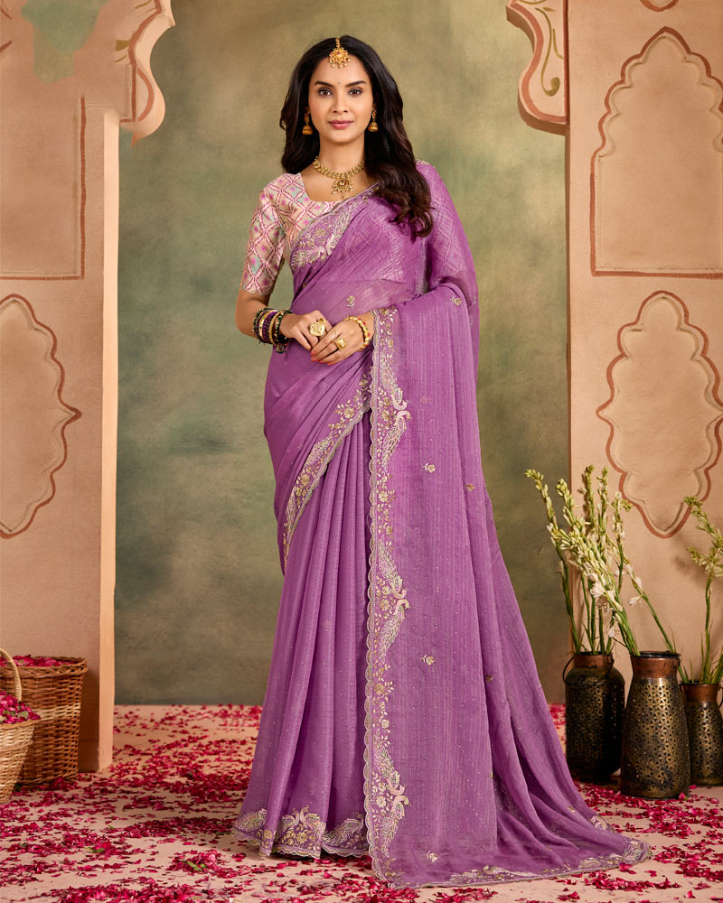 Vishal Prints Dark Lilac Designer Shimmer-Chiffon Traditional Saree With Embroidery-Diamond Work And Cut Work Border