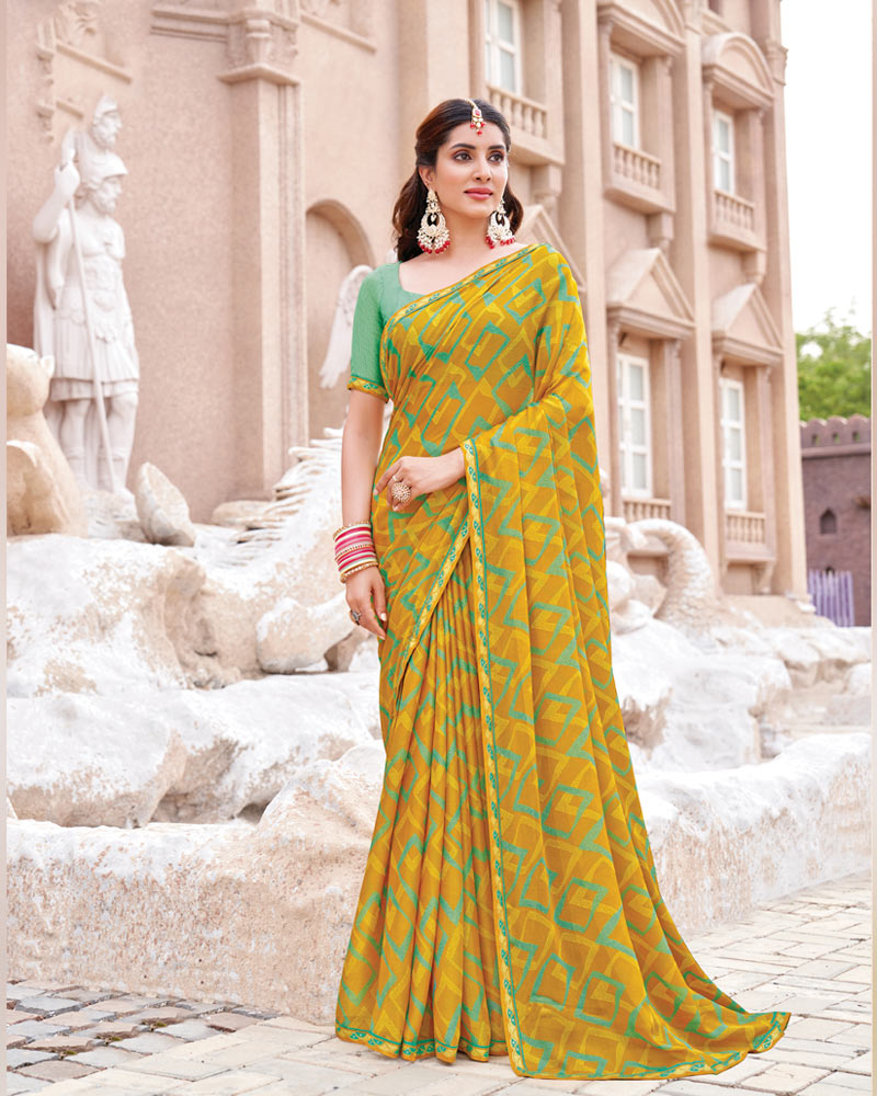 Vishal Prints Yellow Mustard Printed Brasso Saree With Fancy Border