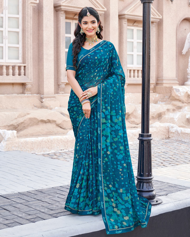 Vishal Prints Dark Aqua Blue Printed Brasso Saree With Fancy Border
