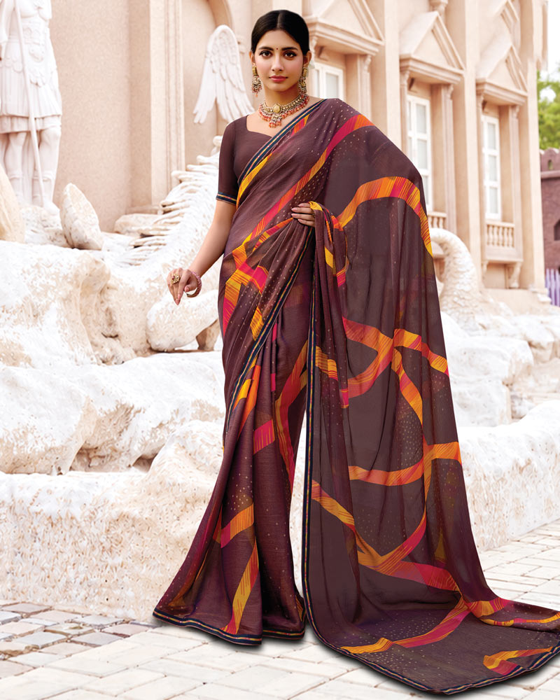 Vishal Prints Woody Brown Printed Brasso Saree With Fancy Border