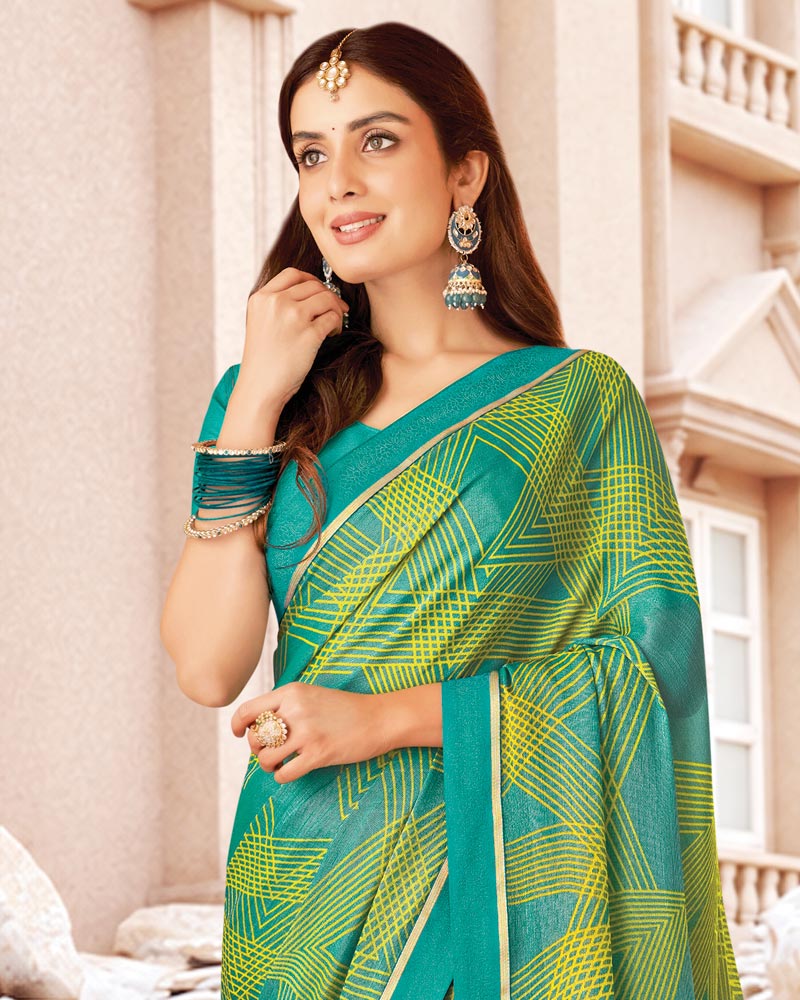 Vishal Prints Persian Green And Yellow Printed Brasso Saree With Fancy Border