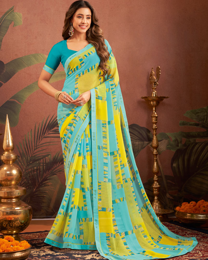 Vishal Prints Bluish Green Printed Georgette Saree With Fancy Border