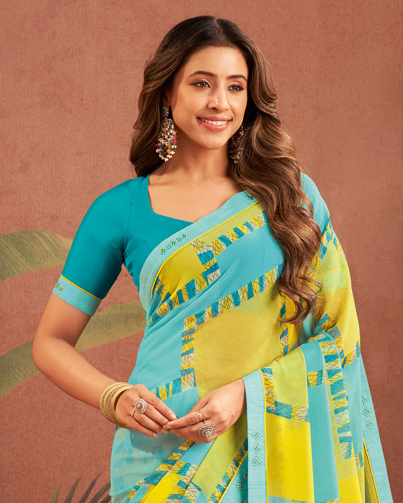 Vishal Prints Bluish Green Printed Georgette Saree With Fancy Border