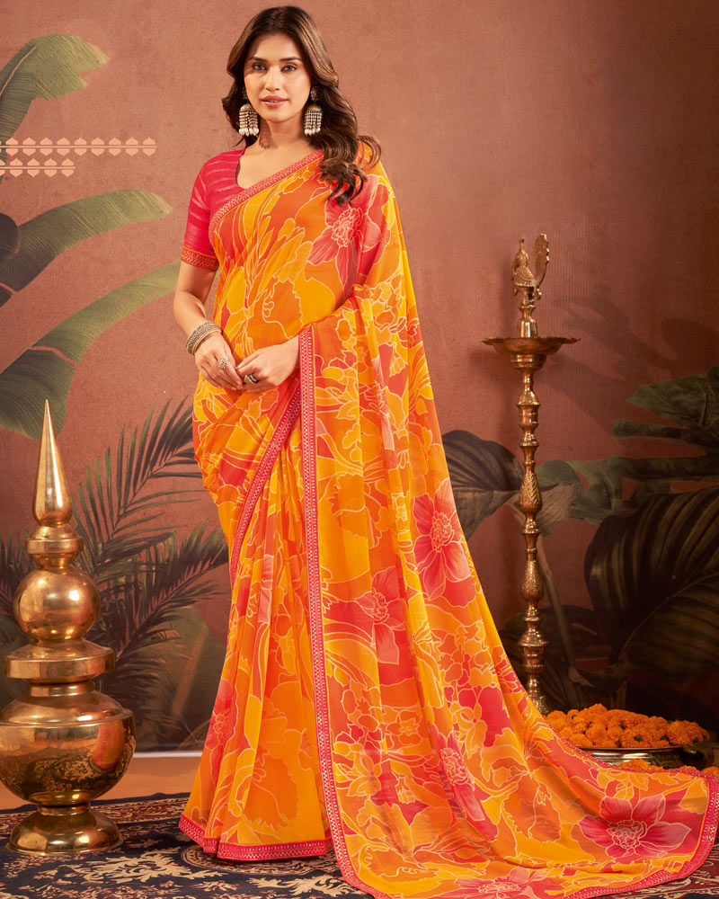 Vishal Prints Orange Printed Georgette Saree With Fancy Border