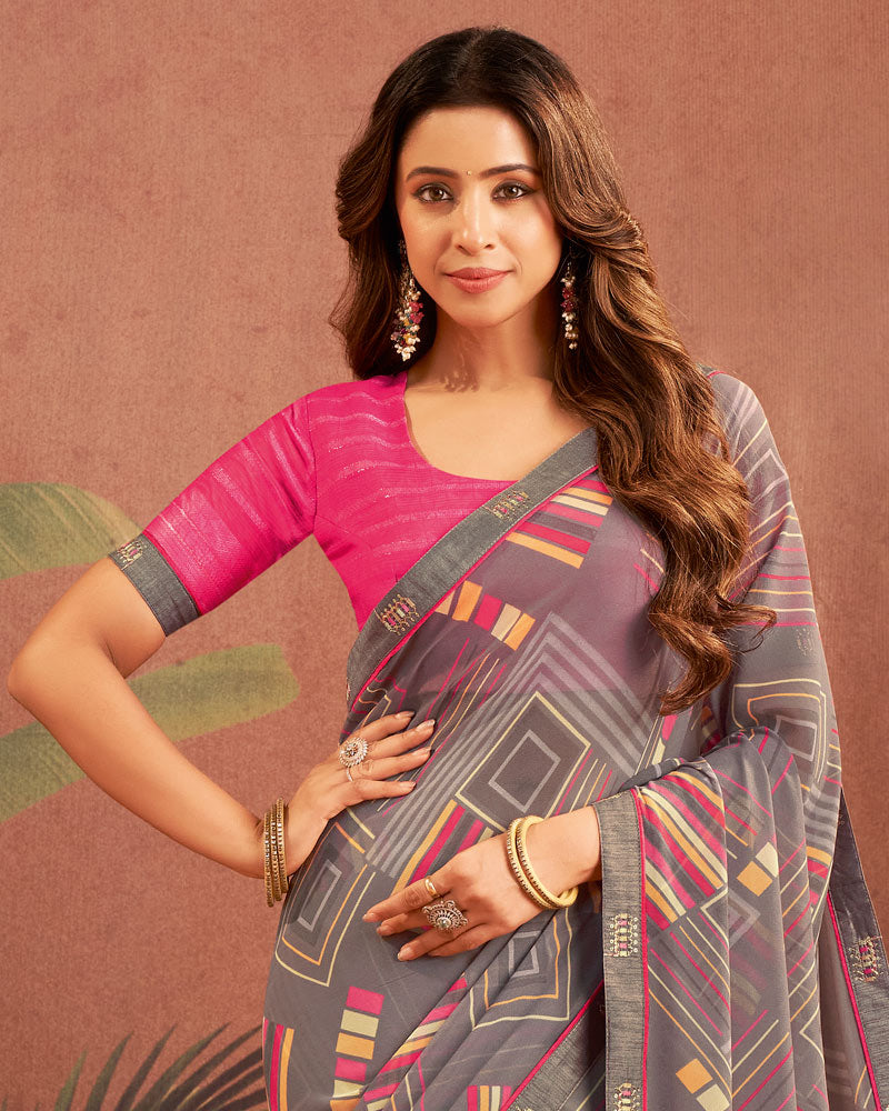 Vishal Prints Grey Printed Georgette Saree With Fancy Border