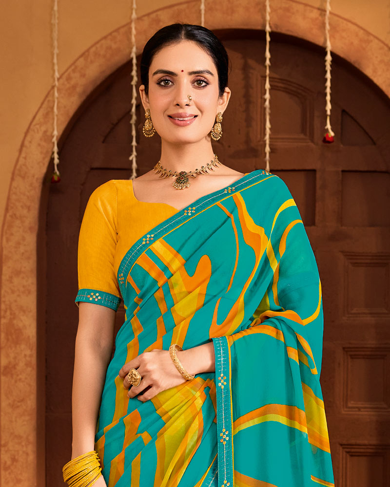 Vishal Prints Deep Sky Blue Printed Georgette Saree With Fancy Embroidery Border
