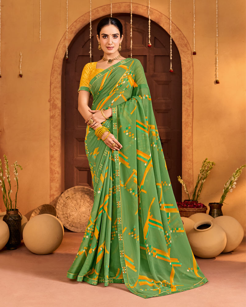 Vishal Prints Sage Green Printed Georgette Saree With Fancy Embroidery Border
