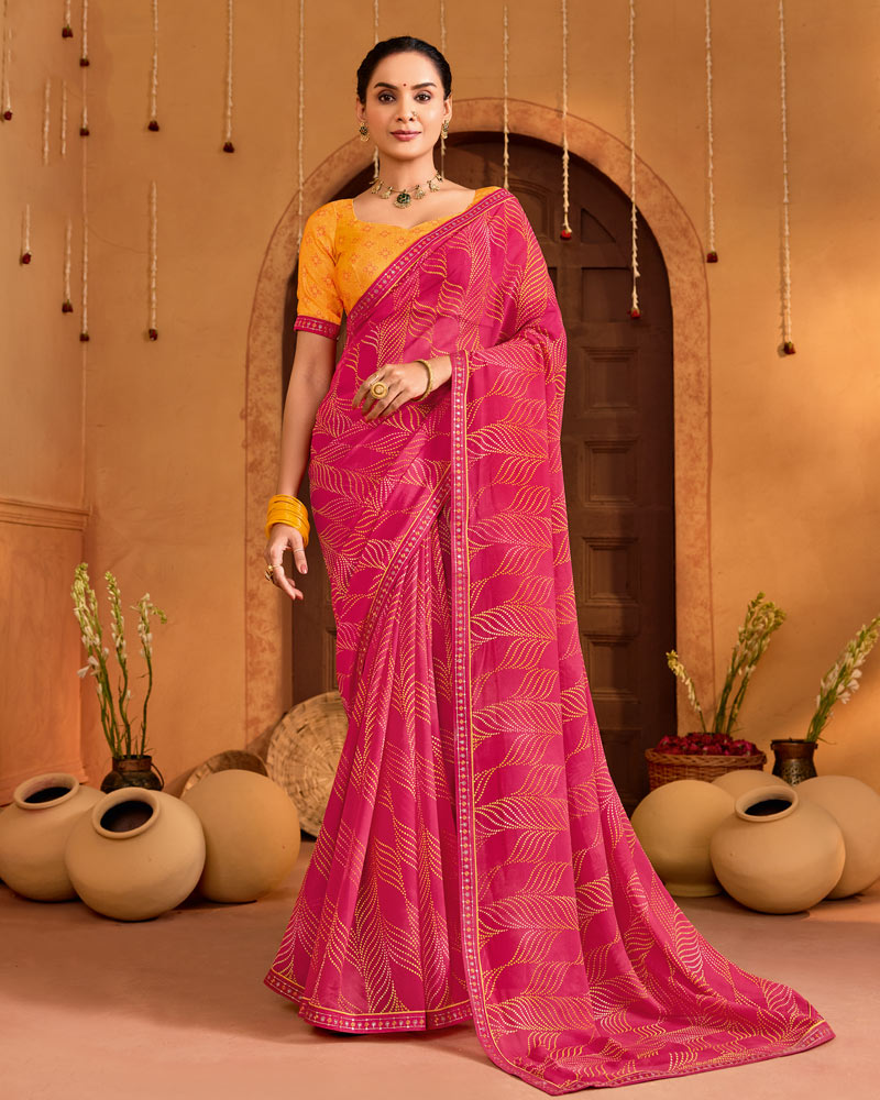 Vishal Prints Rani Pink Printed Georgette Saree With Fancy Embroidery Border