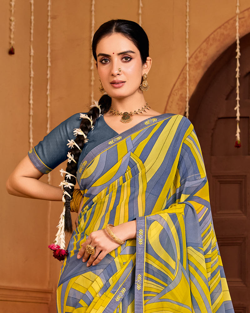 Vishal Prints Lemon Green Printed Georgette Saree With Fancy Embroidery Border
